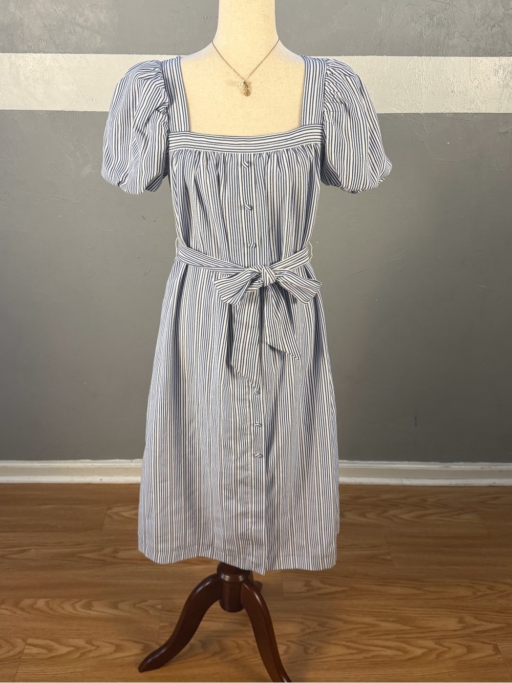 Alex Marie Blue and White Striped Puff-Sleeve Midi Dress